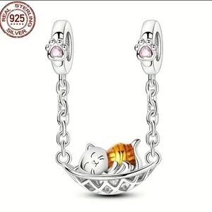 925 Sterling Silver Sleeping Cat Charm For Bracelet & Pendant